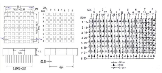 Matrix-Anzeige Dots Matrix 60X60mm führte quadratische Punkte 8X8 RGB LED