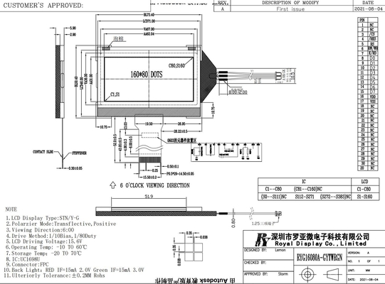 160*80 STN-LCD-Modul Gelb Grün mit IC 1698U Monochrom Niedriger Stromverbrauch