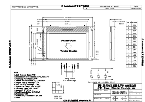 FSTN 240*160 LCD-Modul Grafik mit UC1611S Monochrom-Positivbildschirm