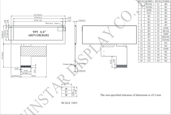 3.9' bar TFT LCD Modul 480*128*RGB WinStar ersetzen 6H HX8278-A