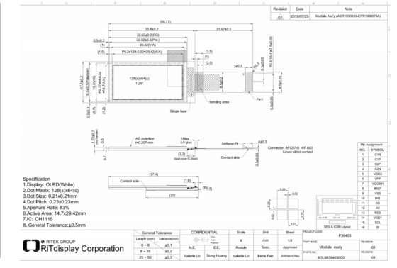 1.29' 1,3' OLED-Modul 64*128 CH1115 IC Spi I2c Schnittstelle hoher Kontrast