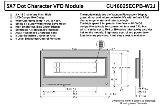 VFD-Modul 5*7 DOT 2*16 Zeichen Cu16025ecpb-W2j Blau Grün 8-Bit Parallelschnittstelle