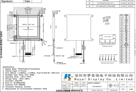 160*160 Grafik-LCD-Modul mit Standoffs 6H FSTN Positiver reflektierender Weittemperatur UC1698U