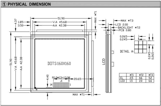 160*160 Quadratischer Grafik-LCD-Modul mit Hintergrundbeleuchtung