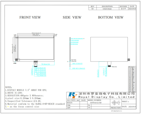 7.5'' Monochrom 800*480 Grauskala E-Papier-LCD-Display Modul für ESL