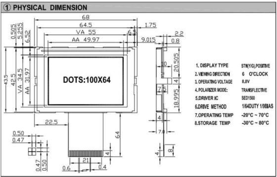 100*64 Grafik-LCD-Modul STN 6H mit SED1560 Breittemperatur Gelb-Grün Display anpassbar