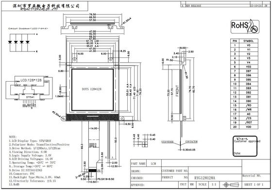 128*128 Grafik-LCD-Modul STN Grau 6H mit ST7541 FPC-Anschluss mit großer Temperatur