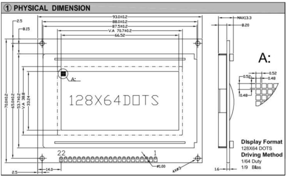 128*64 Graphische STN-LCD-Modul AT0107 Monochrom mit LED-Hintergrundbeleuchtung