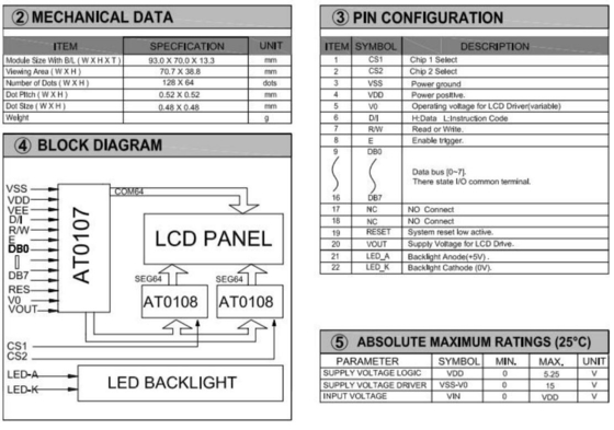 128*64 Graphische STN-LCD-Modul AT0107 Monochrom mit LED-Hintergrundbeleuchtung