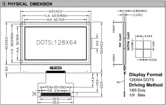 128*64 Grafik-LCD-Modul FPC-Schnittstelle ST7565 3,3-Volt-Industrieanzeige mit großer Temperatur