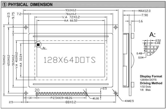 20PIN-Anschluss 128*64 Grafik-LCD-Modul Monochrom STN Farbe Optional mit Hintergrundbeleuchtung