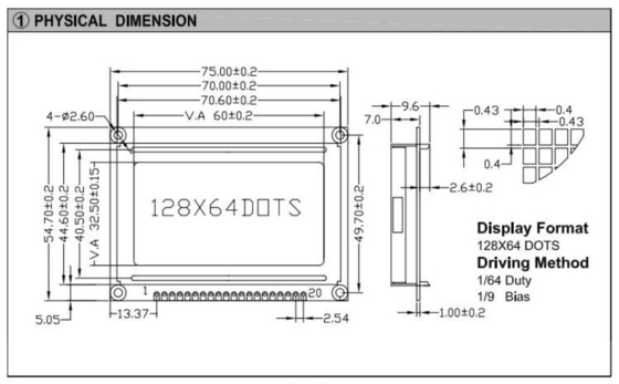 128*64 Grafik-LCD-Modul Farbe Optional 20 PIN AT0107/AT0108 STN Weite Temperaturanzeige Industriezwecke