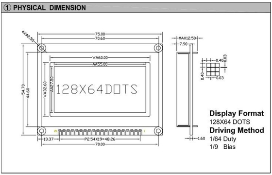 128*64 Grafik-STN-LCD-Modul mit LED-Rücklicht Monochrom 20 Pin ST7565 3,5 V Industrieanzeige