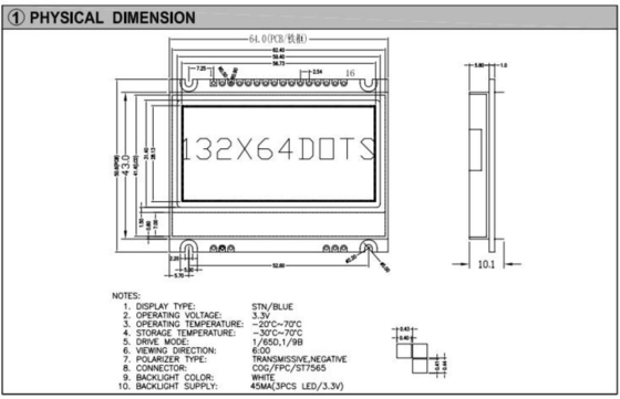 132*64 Grafik-LCD-Modul STN Blaue Breittemperatur 6H Negativ-Industrieanzeige mit PCB