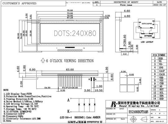 240*80 Grafik-LCD-Modul FSTN 6H Super-Wide-Temperatur-Industrie-Display Niedriges MOQ
