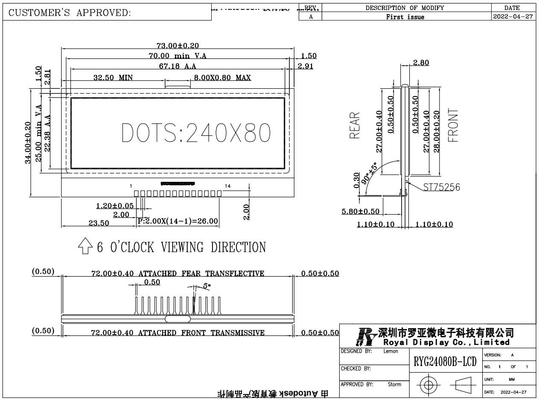240*80 Grafik-LCD-Modul FSTN 6H Super-Wide-Temperatur-Industrie-Display Niedriges MOQ