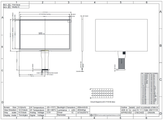 9.0'' TFT-LCD-Modul mit breiter Temperatur 800*RGB*480 12h Übertragungsgestalt