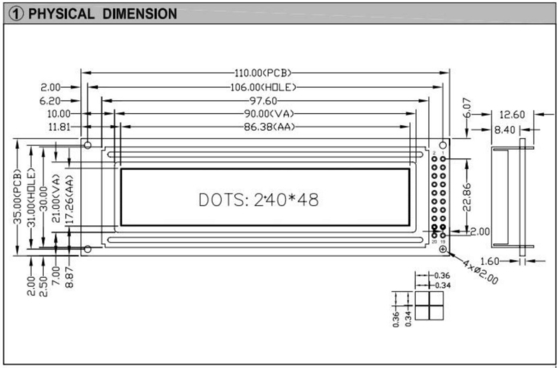 240*48 Grafik-STN-LCD-Modul mit Hintergrundbeleuchtung für PCB-Standoffs