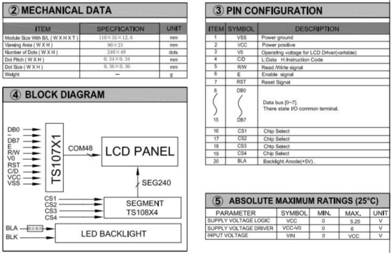 240*48 Grafik-STN-LCD-Modul mit Hintergrundbeleuchtung für PCB-Standoffs