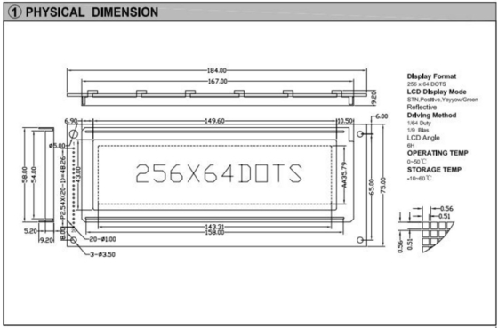 256*64 Grafik-LCD-Modul STN Gelb Grün 6H Positives Industriebildschirm