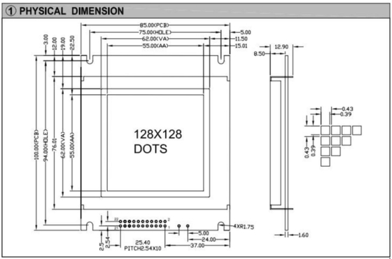 128*128 Graphische FSTN Monochrom LCD-Modul AT0107 22 Pin Industrieanzeige