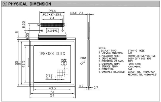 128*128 Grafik-LCD-Modul STN Gelb Grün Weite Temperatur 6H Industrieanzeige