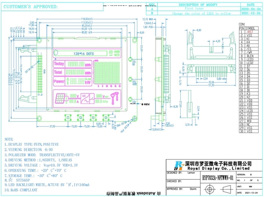 128*16 Punkte FSTN angepasstes LCD-Modul 6H mit ST7565P Breittemperatur für UPS-Photovoltaik-Inverter