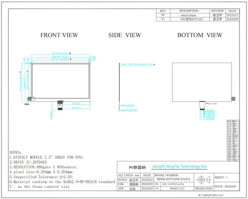 7.5'' EPD 800*480 4 Farbe Hochkontrast JD79665 Hitech E-Paper Anzeige