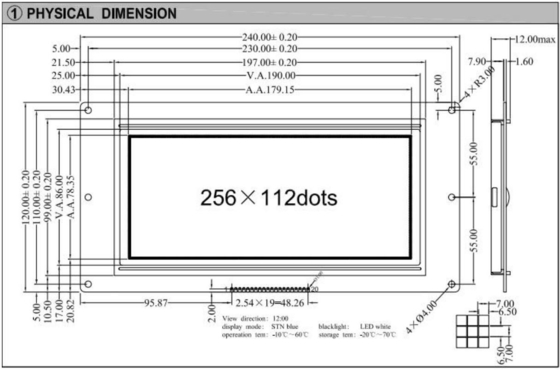 256*112 Grafik-LCD-Modul 12H STN Blaue Breittemperatur-Industrieanzeige