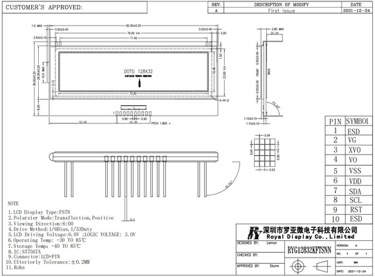 128*32 FSTN grafische transflexive positive 6H ST7567A Superbreittemperatur Industrieanzeige 10 Stift