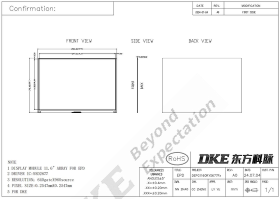 11.6'' 4 Farbe 960*640 TFT MCU Hochkontrast-Schnittstelle E-Papier-Display EPD