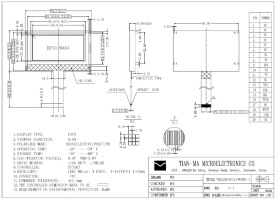 128*64 FSTN Tianma ST7567 Transflektiver LCD-Modul mit großer Temperatur