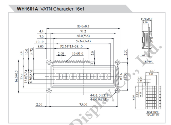 16*1 Zeichen Monochrome SPI-Schnittstelle Weite Temperatur VATN-LCD-Modul