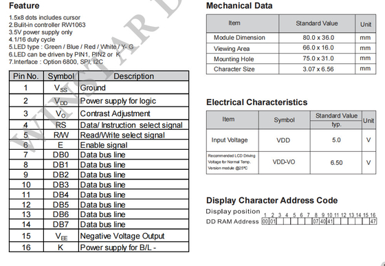 16*1 Zeichen Monochrome SPI-Schnittstelle Weite Temperatur VATN-LCD-Modul