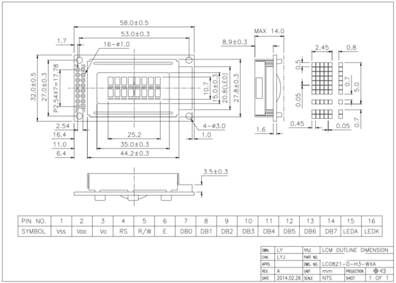 8*2 Zeichen STN Monochrom 6H Breittemperatur-LCD-Modul