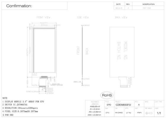 3.52' 4 Farbe 384*184 Jd79667AA E-Paper-basierte Anzeige EPD