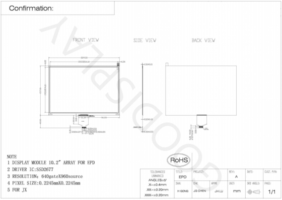 10.2'4 Farbe 640*960 E-Papier Anzeige SSD2677 basiert auf EPD